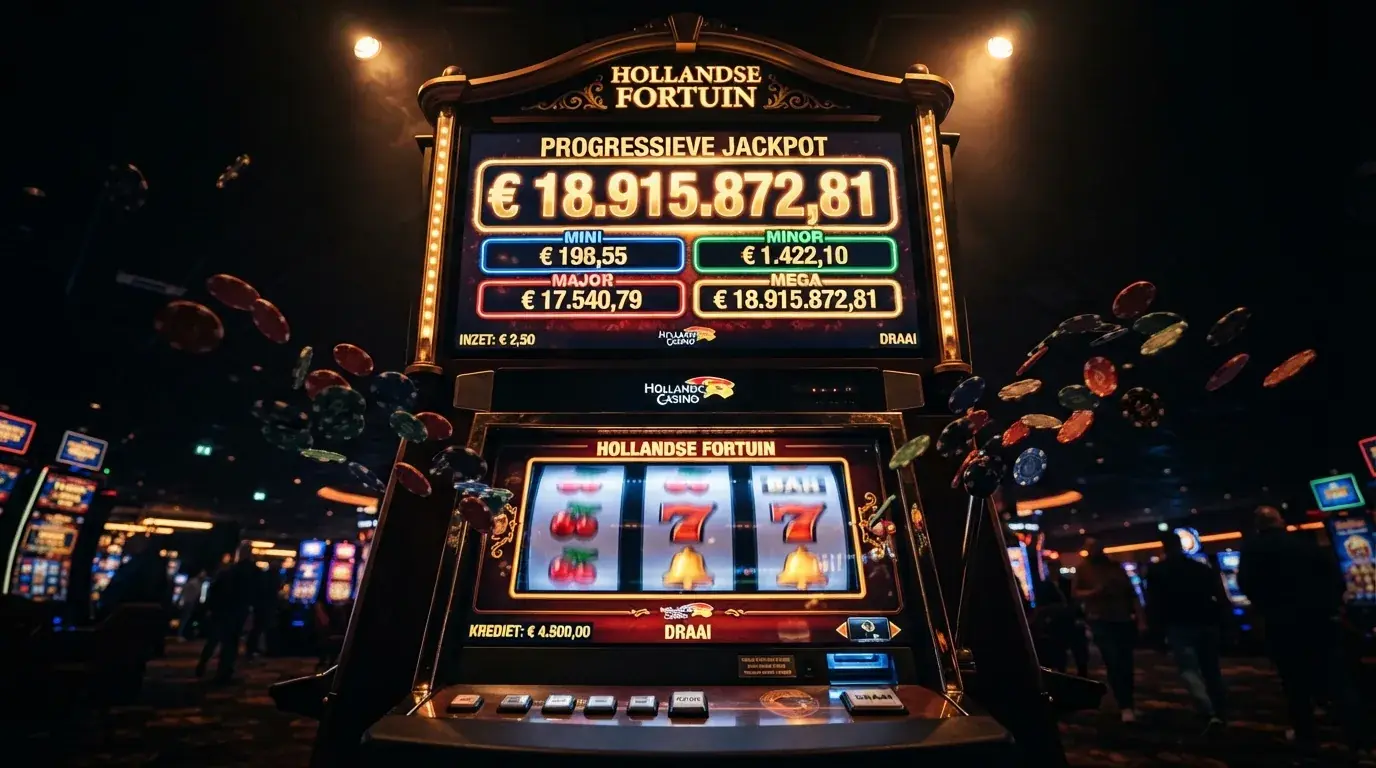 Een progressieve jackpot-teller die boven een draaiend slotwiel zweeft, met het bedrag €18.915.872,81 prominent in beeld en vier jackpot-niveaus (Mini, Minor, Major, Mega) eronder