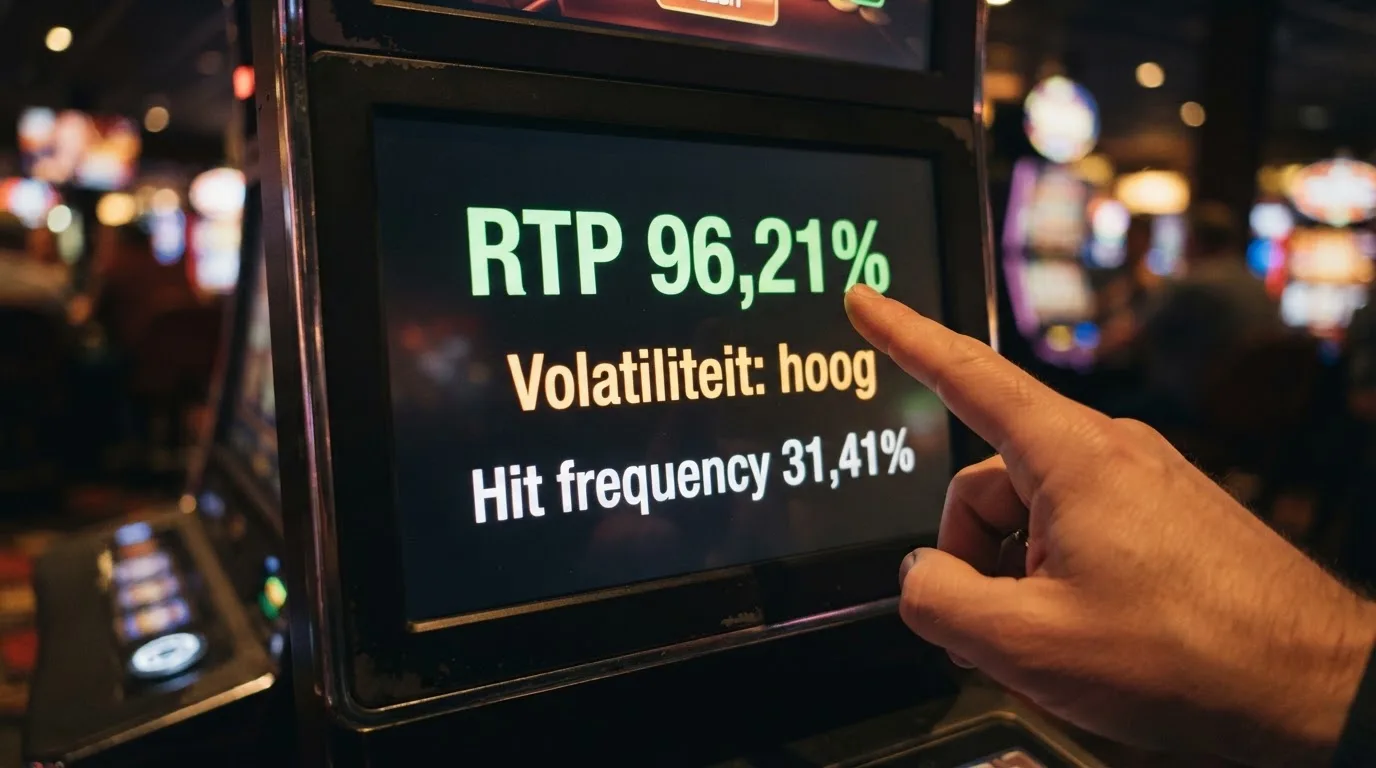 Een close-up van een slot-informatiescherm met RTP (96,21%), volatiliteit (hoog) en hit frequency (31,41%) helder uitgelicht, met een vinger die naar de RTP wijst