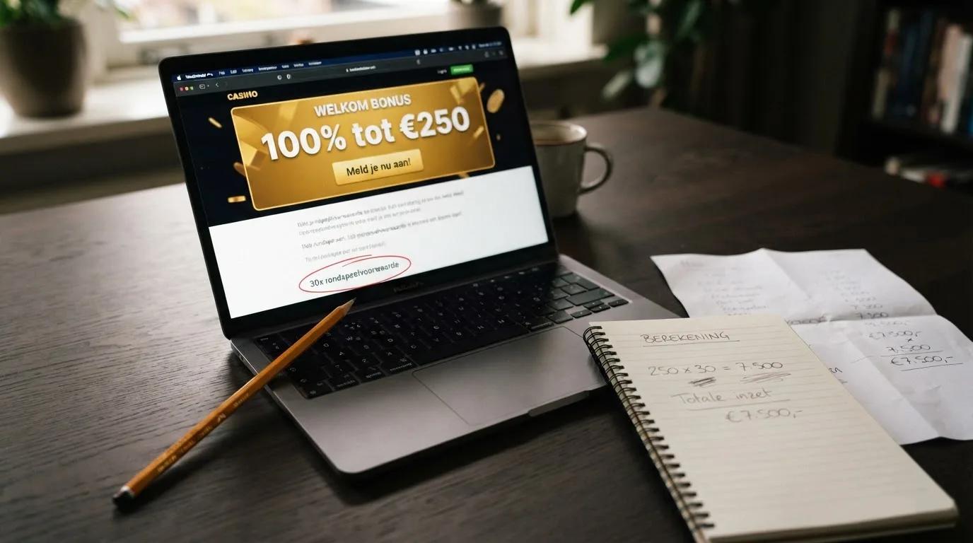 Een Nederlands casino-scherm met een welkomstbonusaanbieding van '100% tot €250', met een potlood dat de kleine lettertjes '30x rondspeelvoorwaarde' omcirkelt